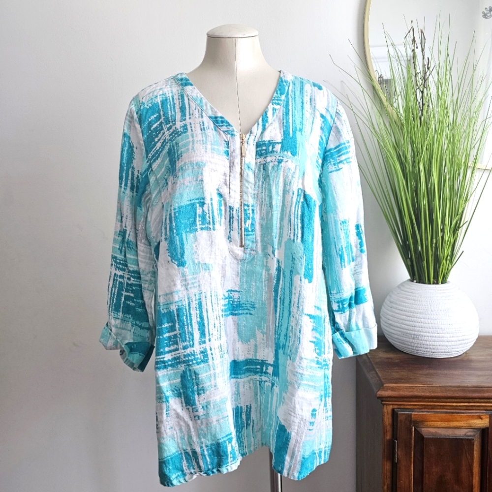 JM Collections 100% Linen Golden Zip Top Shirt 3/4 Sleeve Turquoise Blouse 2X